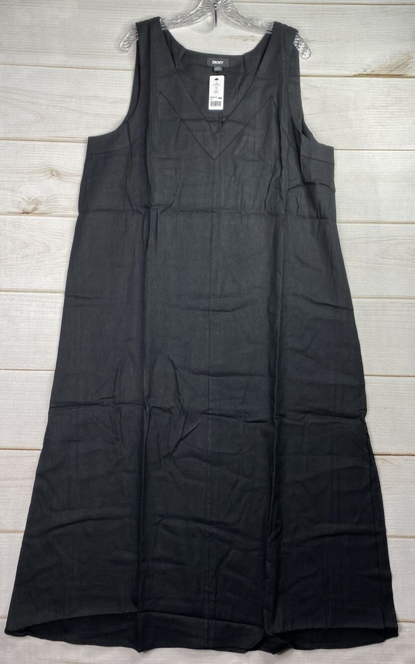 Dkny Maxi Dress Womens XXL Black Sleeveless Linen Blend Preppy Boho Lightweight